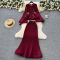 European and american chic tie-waist flared sleeve ruffle hem pleated top + high-waisted mermaid midi skirt set