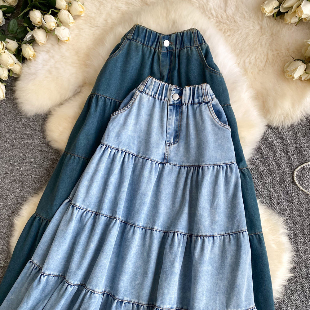 K-style denim a-line fashioneasiest for match skirt women's summerhigh waistslimming look elastic waist cake skirt long skirt work clothing