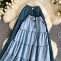 K-style denim a-line fashioneasiest for match skirt women's summerhigh waistslimming look elastic waist cake skirt long skirt work clothing