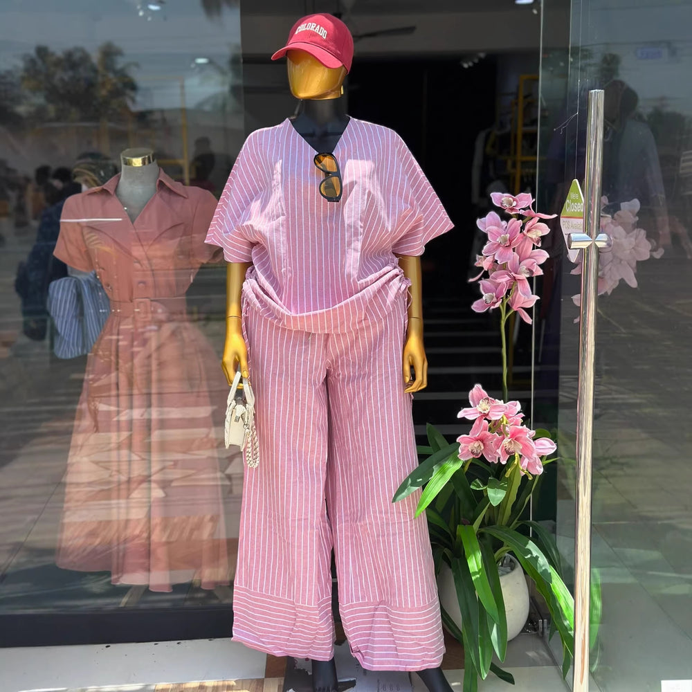 European and american cross-border women's clothing  summer new collection: sweet and fresh v-neck loose drawstring top and wide-leg pants set