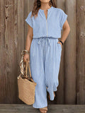 vacation striped plus size jumpsuit - front zipper, stand collar, drawstring waist, side pockets, loose wide leg