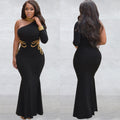 C6101 cross-border   fashion women's solid color rhinestone one-shoulder long sleeve maxi dress