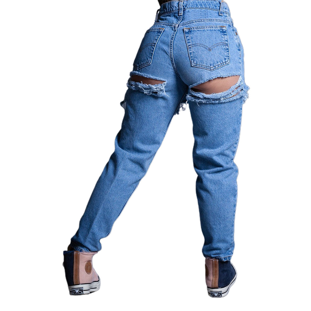 Processing personalizedjeans women's new arrivalexportloose ripped straight-legcasual pants worn washedjeans