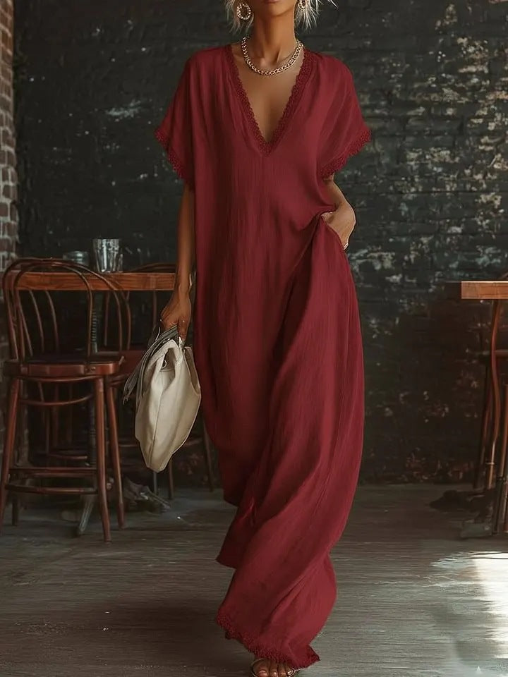 spring/summer collection: independent website, , us & european market - casual, elegant, comfortable, lace-trimmed, loose-fit linen-cotton maxi dress