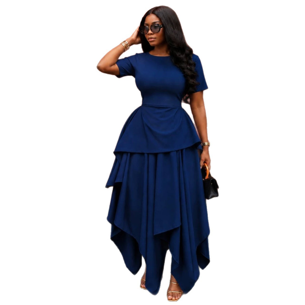 European and american women's clothing  autumn new collection: sweet and fresh round neck short sleeve high waist slimming irregular maxi dress