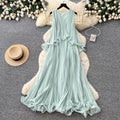 Elegant mint green sleeveless halter dress - women's early summer pleated ruffle trim slimming chic pleated maxi dress