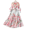 Korean style floral rhinestone embellished tie-up dress - women's spring long sleeve high waist a-line maxi dress - elegant commute