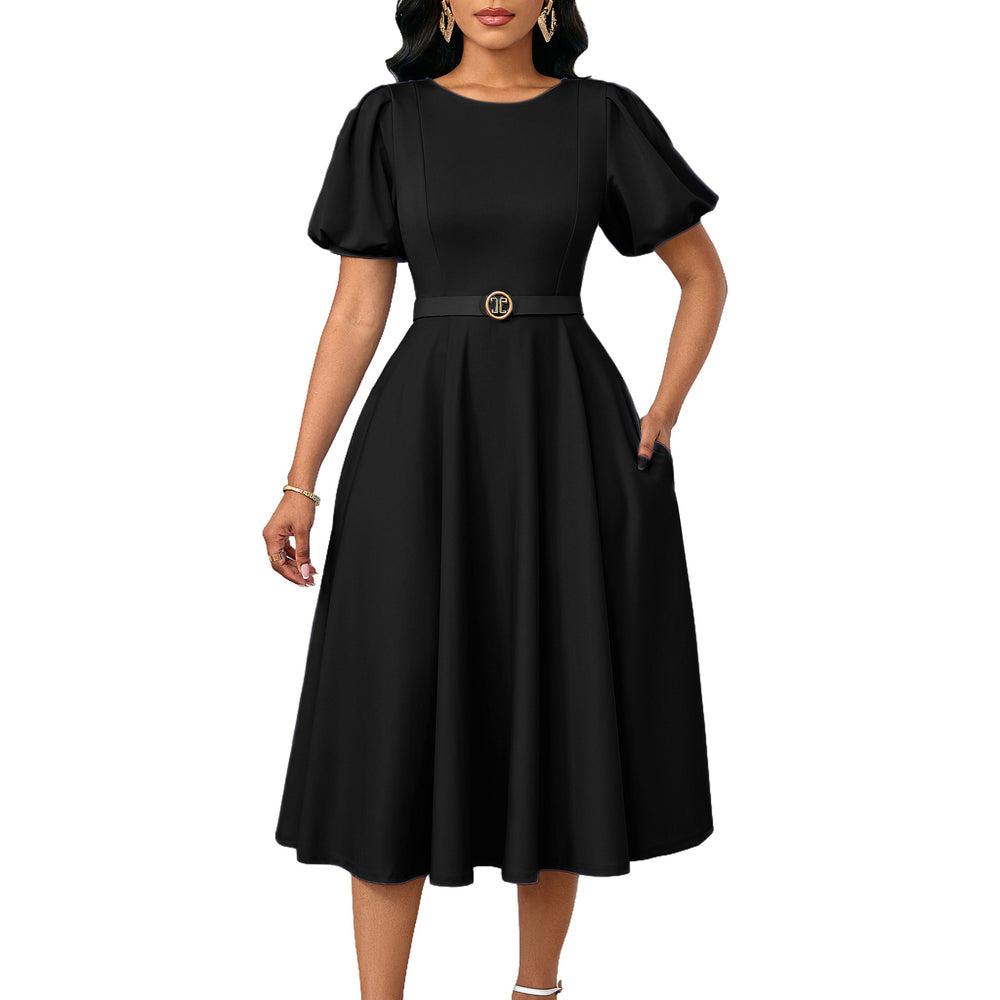 D590 european and american women's clothing  summer fashion puff sleeve elegant high waist solid color round neck large skirt african dress