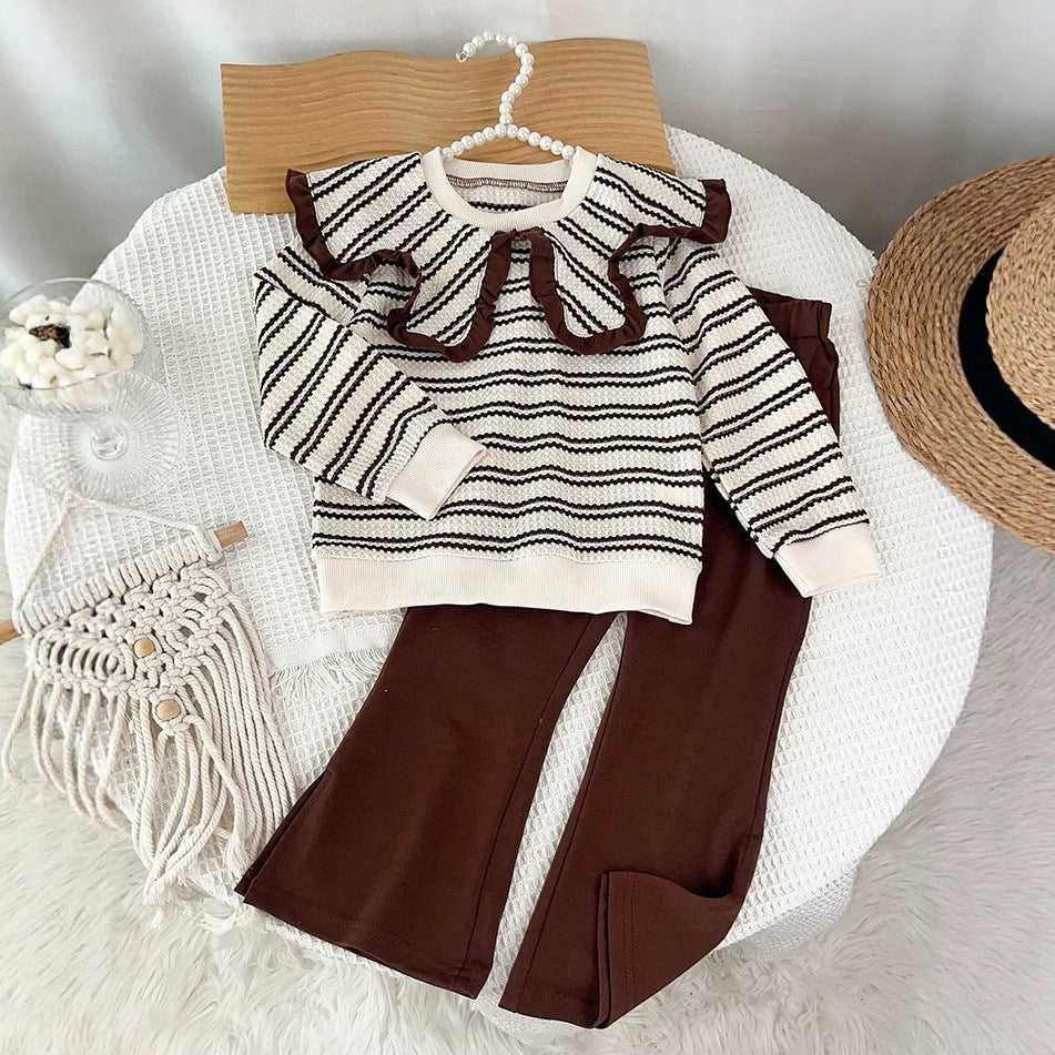 Girls' new spring/autumn striped polo shirt long sleeve sweatshirt and pants two-piece set - cross-border girl's outfit