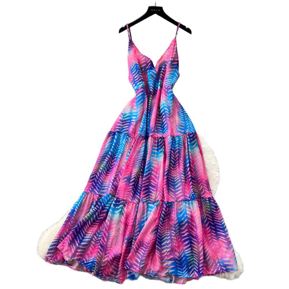 Vacation style v neckhalter suspender dress women's summerk-style sleeveless sexy waist slimming lookprinting long skirt