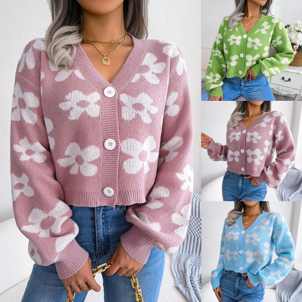 Internet celebrity style real shot autumn and winter fashion contrasting colors flower lantern sleeves cardigan sweater jacket, independent station  women's clothing