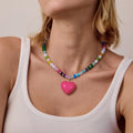 Trendy dopamine crystal seed bead necklace - red glass heart, unique beaded heart, sweet & spicy girl jewelry