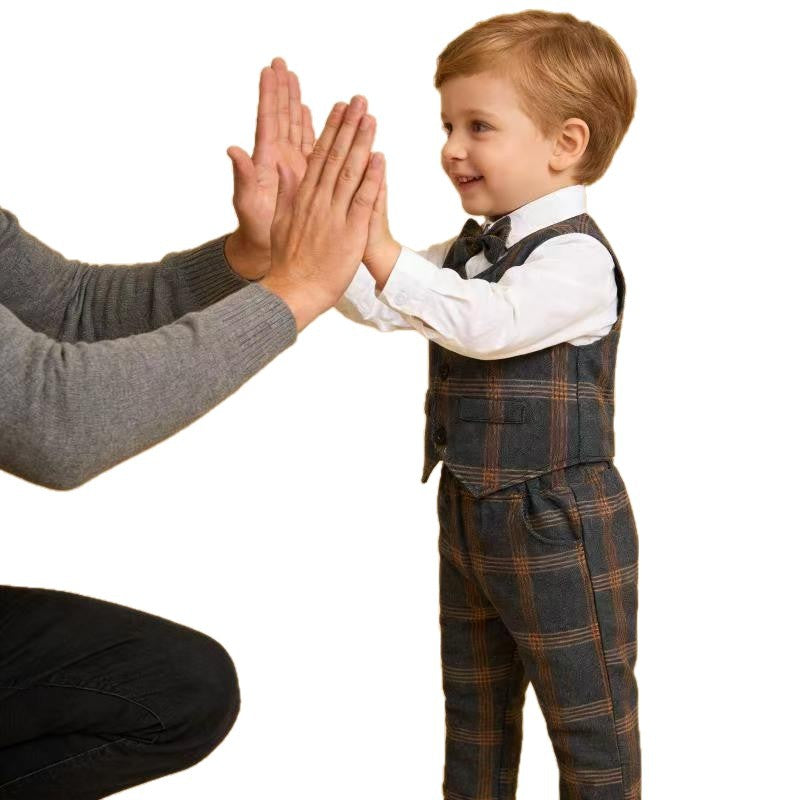 Stylish boys' suit set: british style gentleman's outfit with vest, plaid suit for children, perfect for first birthday celebrations