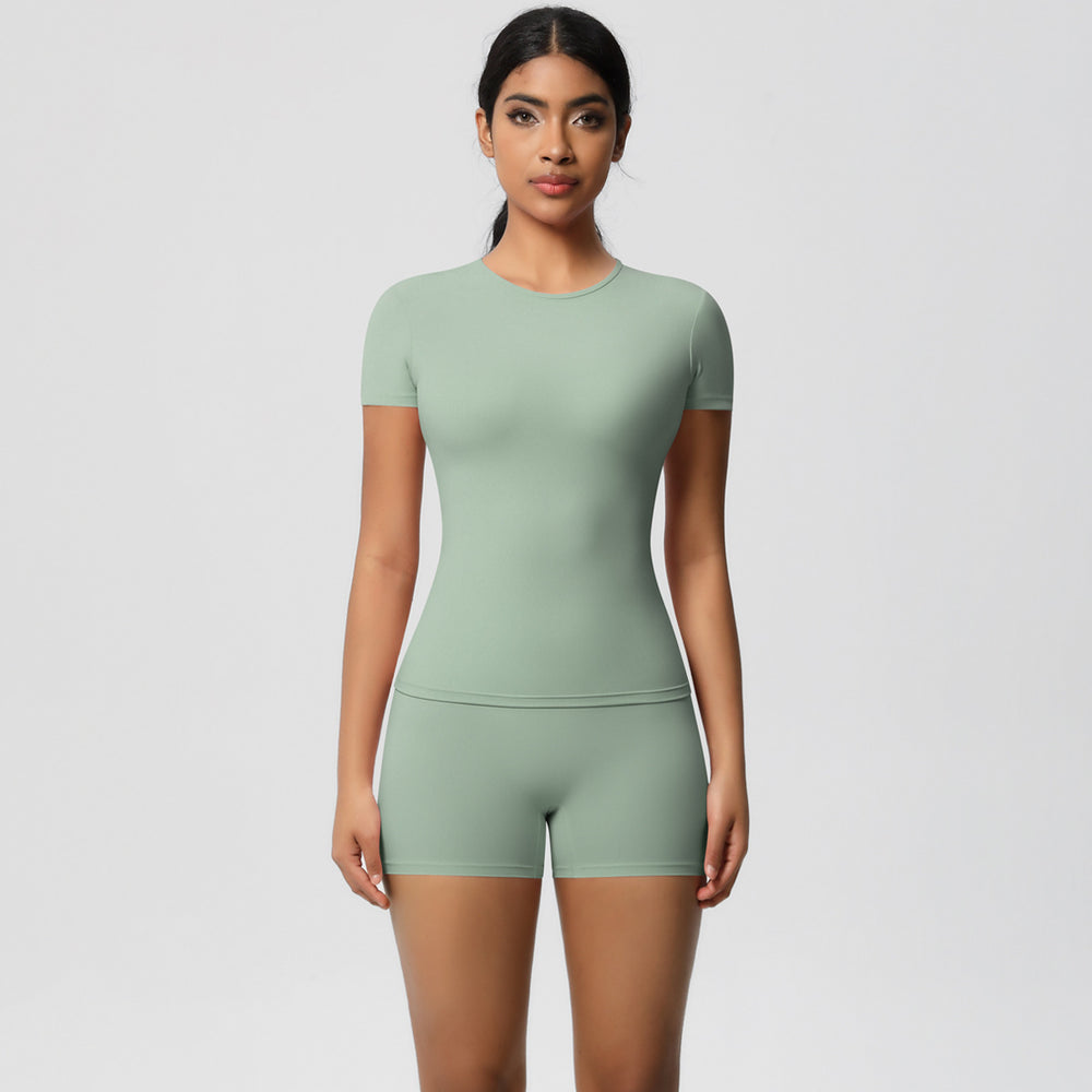 European and american nude feel tight-fitting short-sleeve t-shirt yoga outfit high-waisted butt-lifting quick-dry shorts running sports fitness set for women