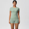 European and american nude feel tight-fitting short-sleeve t-shirt yoga outfit high-waisted butt-lifting quick-dry shorts running sports fitness set for women