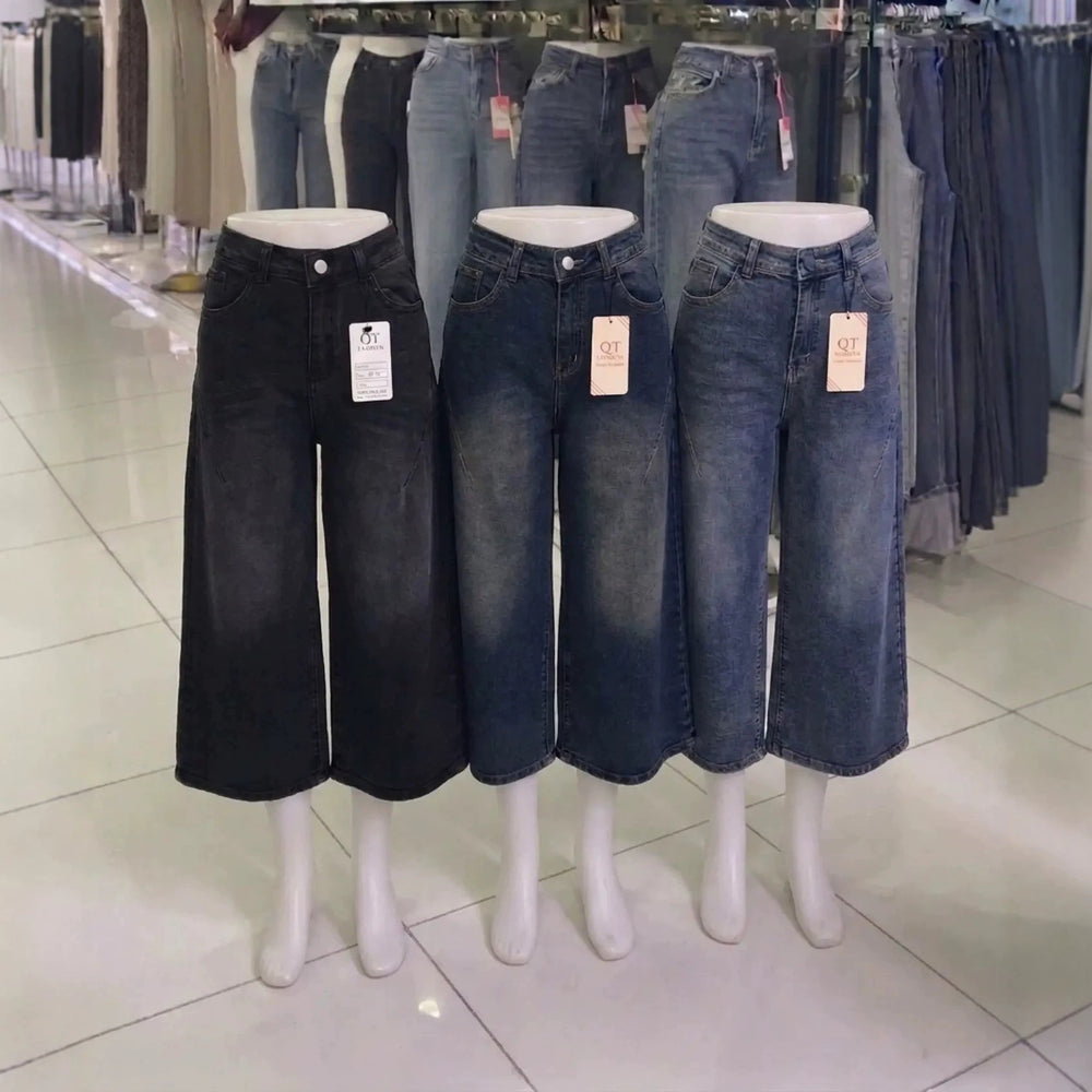 New arrival women's jeans high waist washed wide leg slightly flared cropped pants wholesale women cropped jeans