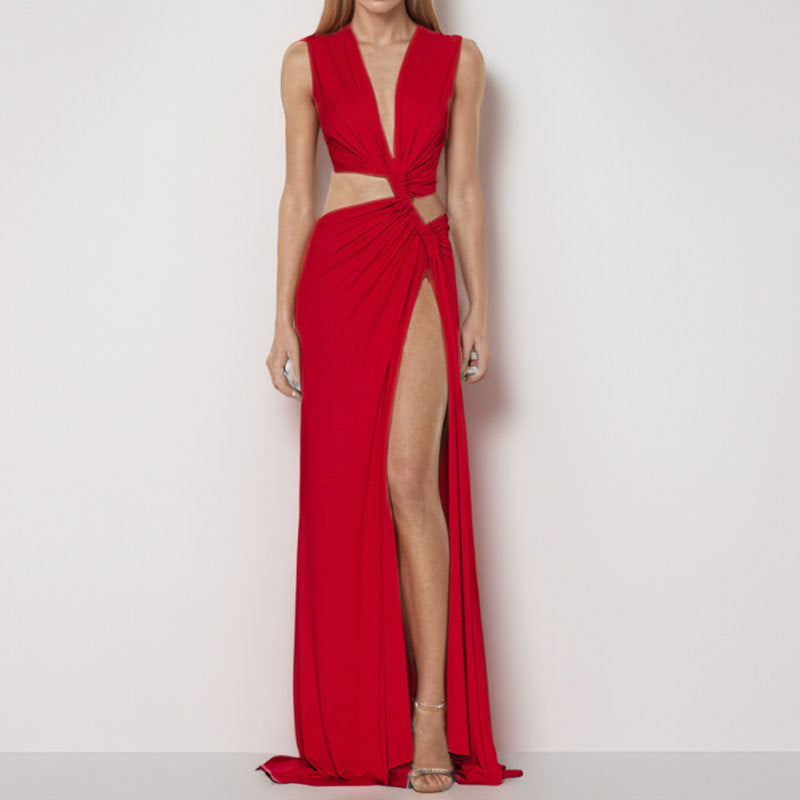 cross-border e-commerce women's fashion: european and american summer new arrivals - sexy solid color cutout knot slit v-neck dress