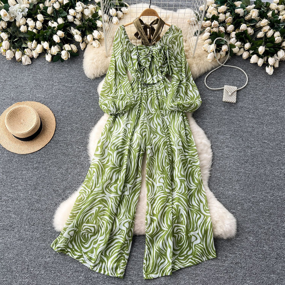 Women's beach pants  new style vacation sexy one shoulder halter lantern long sleeves high waist wide leg printing jumpsuit