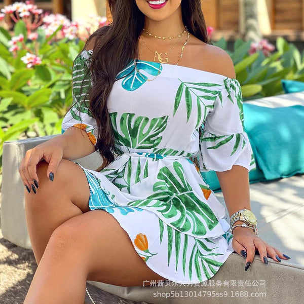 White Printed Shoulder Dress - Non-Positioning Printing - Belt