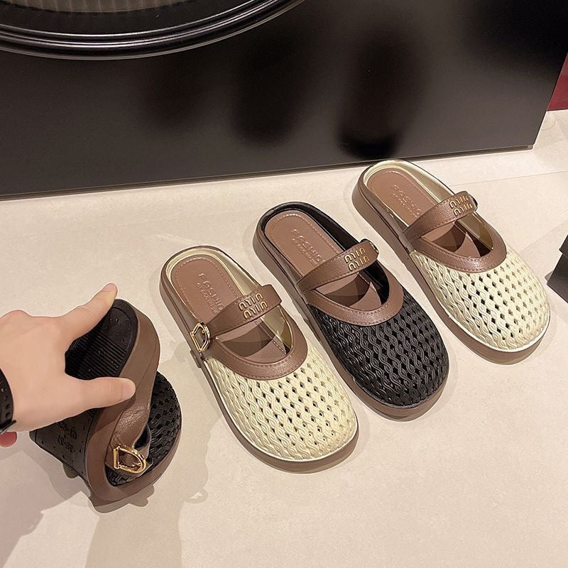 2025 summer new arrival: woven, hollow-out, breathable, minimalist, versatile, casual, comfortable, low-cut, wearable-out, flat, half-slipper women's shoes