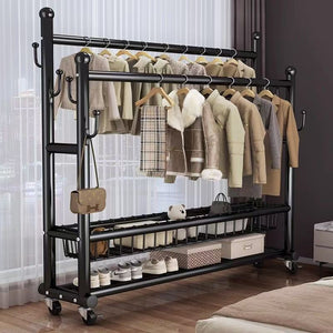 Clothes rack floor-standing bedroom for home double-pole clothes drying rack movable clothes rack indoor clothes storage coat rack