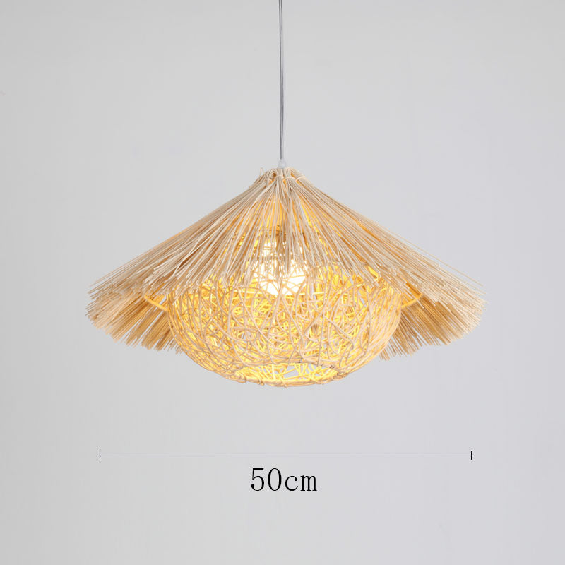 Vintage rattan straw hat chandelier rattan art round bird's nest Chinese pastoral hotel restaurant agritainment bed and breakfast straw hat lamp