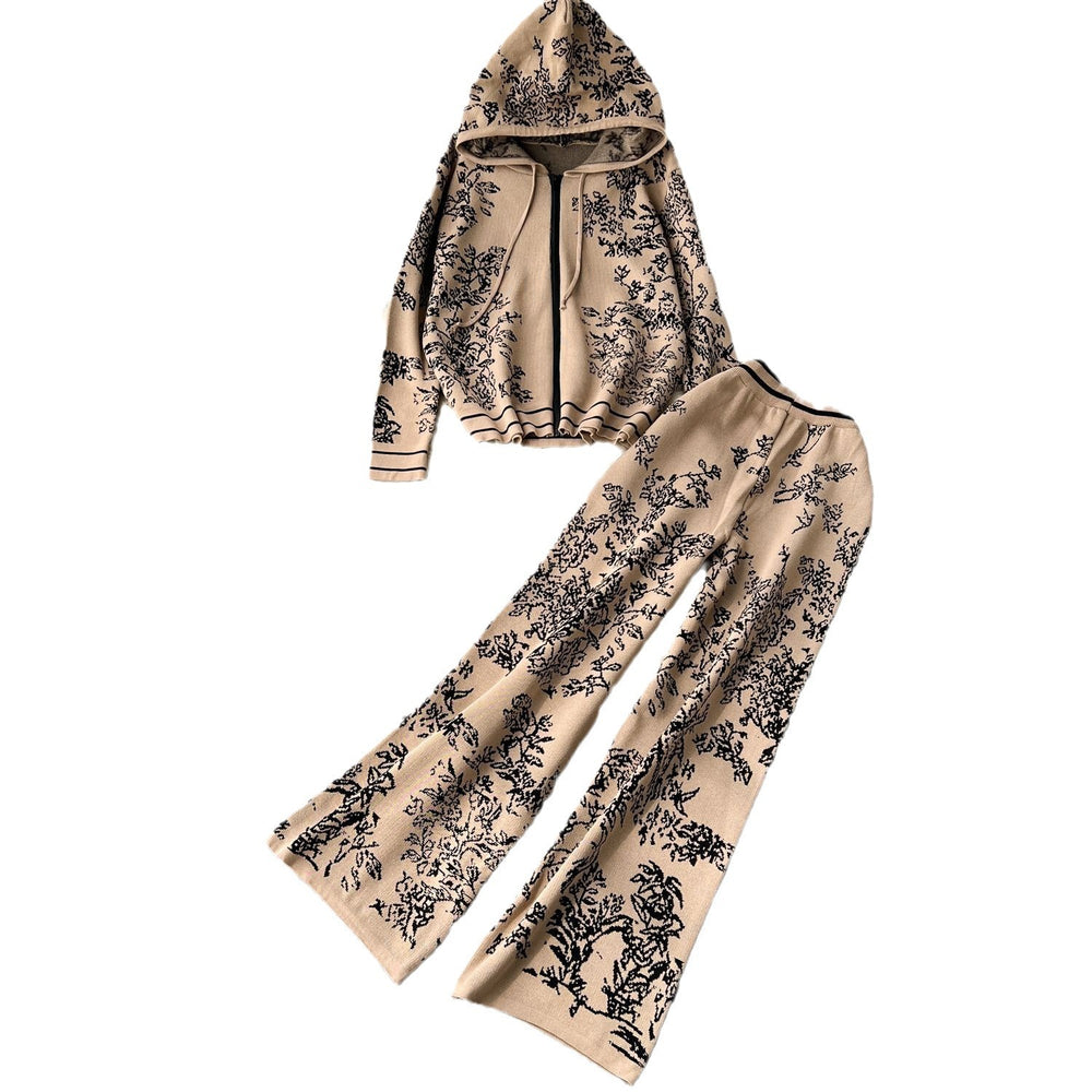Casual fashion sporty age-defying knit two-piece set for women: premium printed hooded sweater and high-waisted wide-leg pants