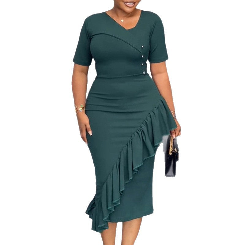 elegancerufflesdress asymmetrical diagonal buttoned waist bag hip elegantwork clothing banquet dress