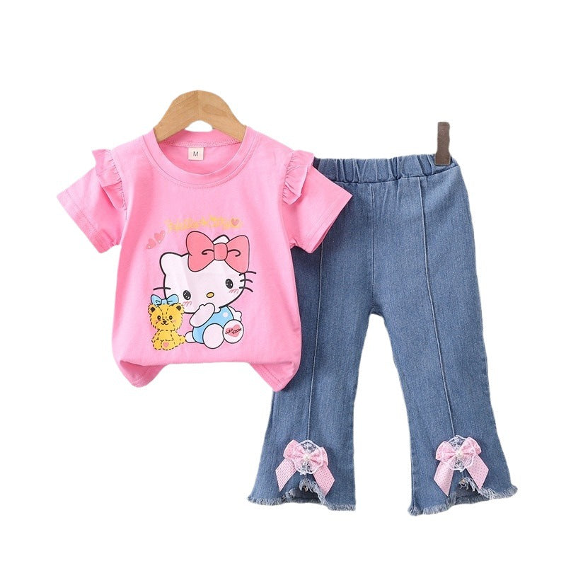 Summer boys' outfit  new baby summer clothes cute bow cat trendy style mid-to-large children's two-piece set