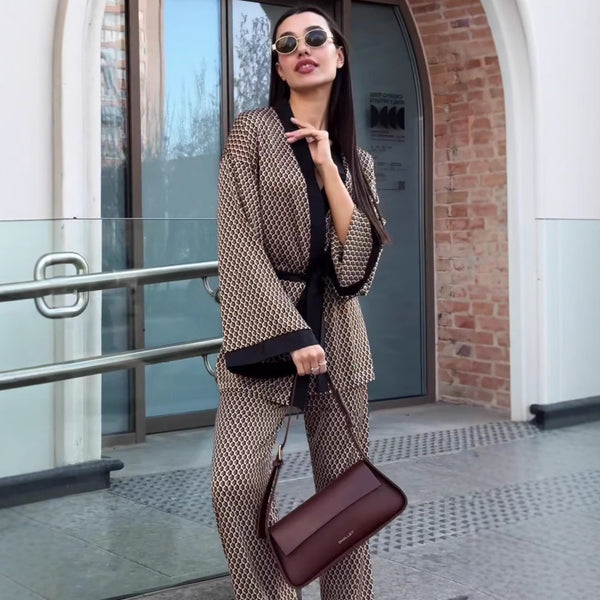 European and American large-size contrasting color printed cardigan shirt casual trousers   women's clothing new foreign style two-piece set women
