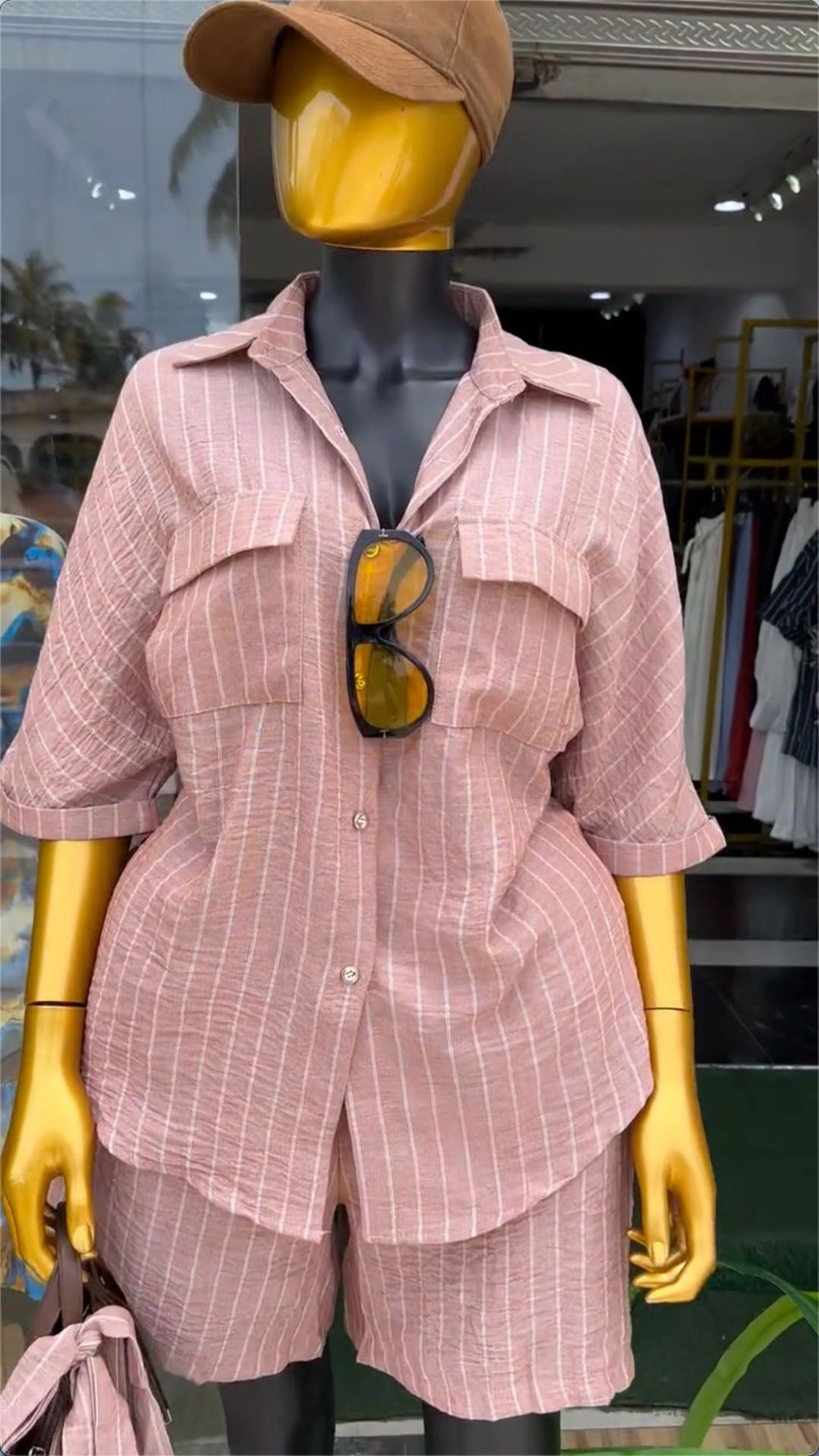 European and american cross-border women's clothing  summer new arrival: casual turn-down collar striped loose pocket shirt and high-waisted shorts set
