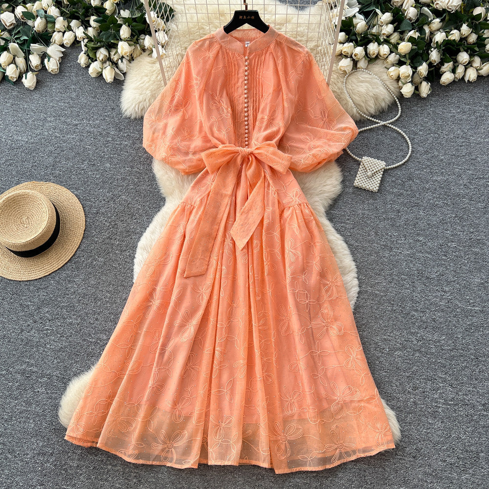 French yellow lace embroidery short sleeve dress women's summer high waist a-line dress commuter elegant long dress