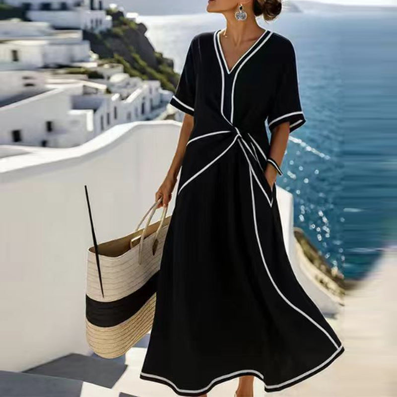 european and american women's clothing: new summer collection - polished bohemian style, elegant v-neck, slimming, vacation-ready dress