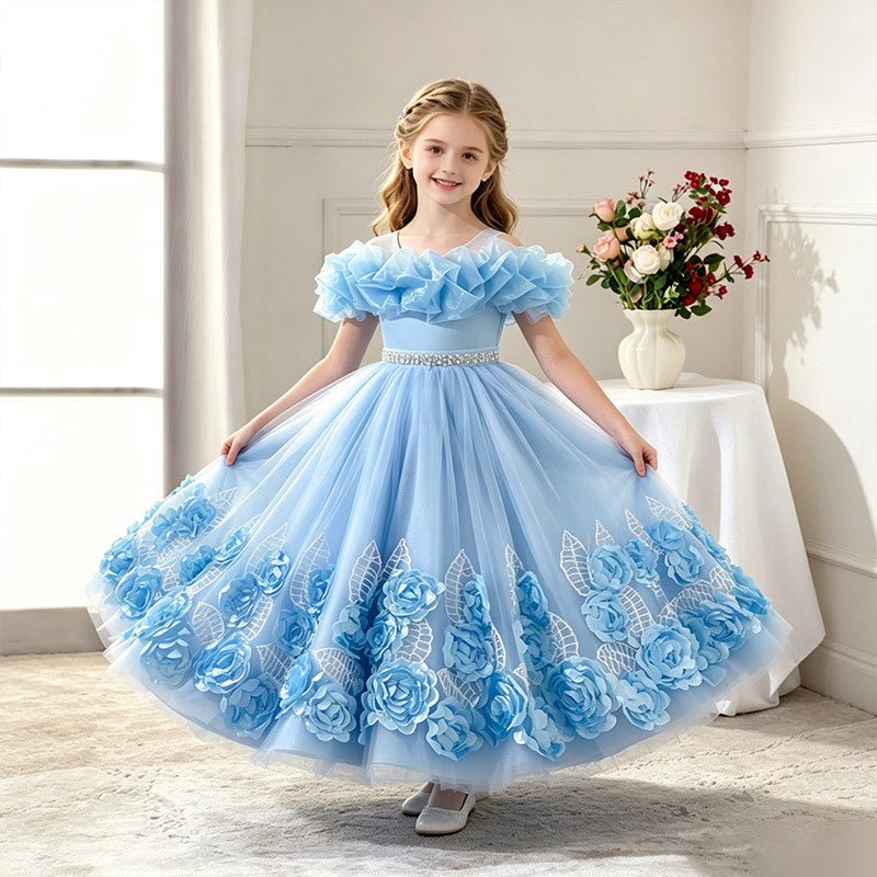 Export kids dress style princess skirt embroider flower beaded tutu skirt host piano wedding dress performance costume