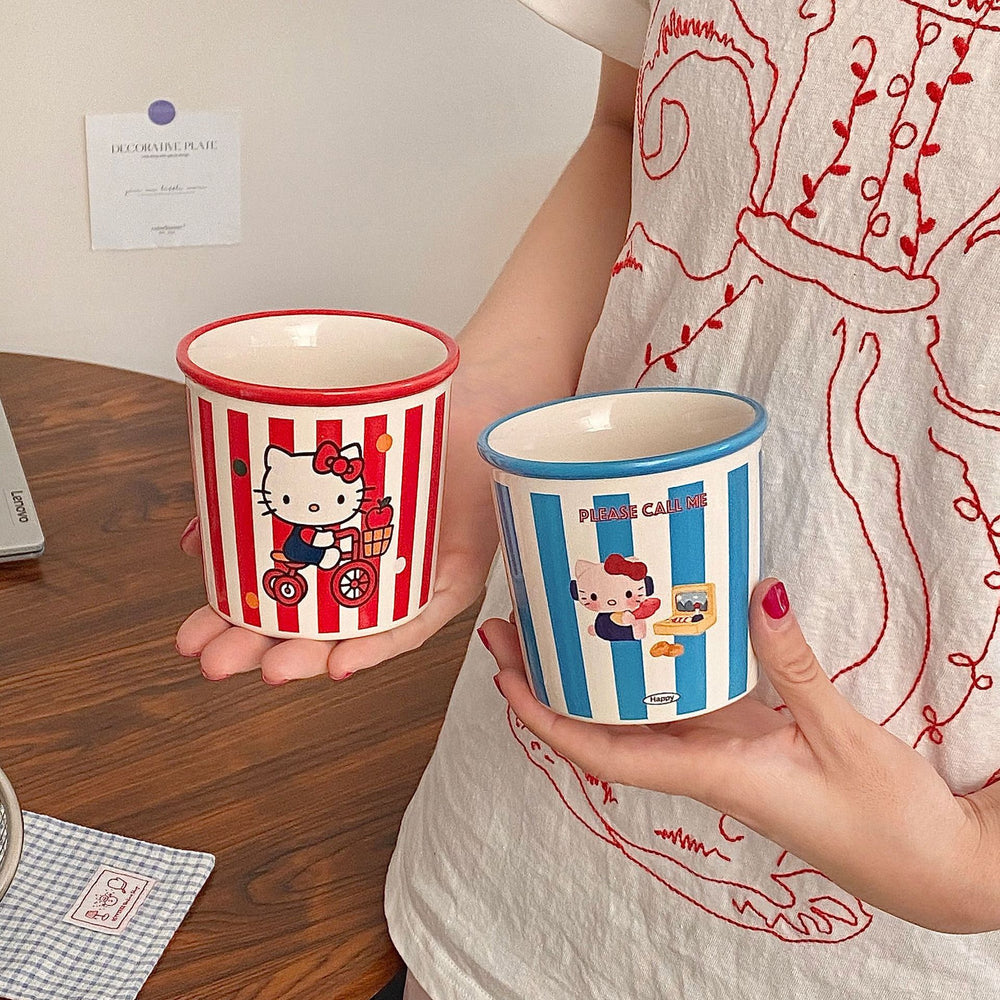 American striped cat ceramic mug - breakfast cup, couple's style, cartoon mug, large capacity, high-value milk cup