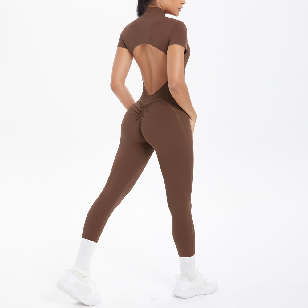 New arrival cross-border fashion tight back cut out short-sleeved pants jumpsuit sports running fitness jumpsuit yoga clothes