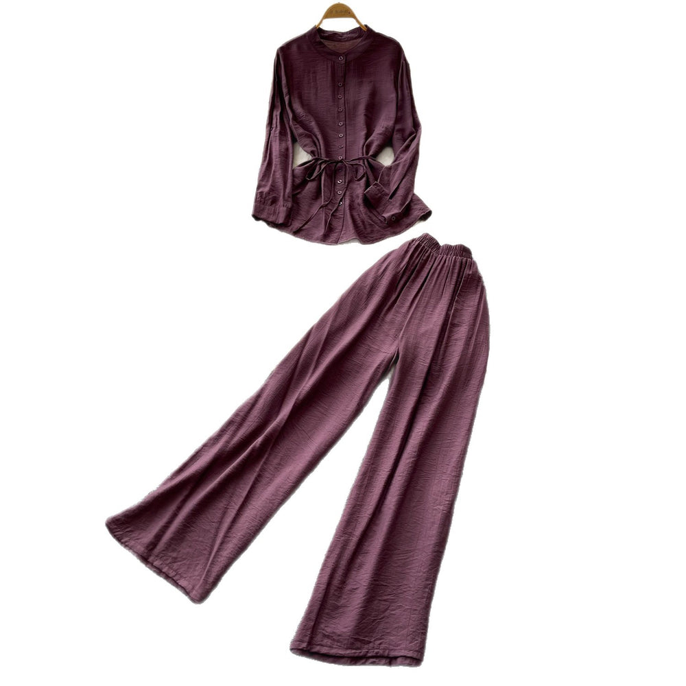 Light mature style bows strap waist shirt women's summerhigh waistloose pants silm two-piece set autumwork clothing