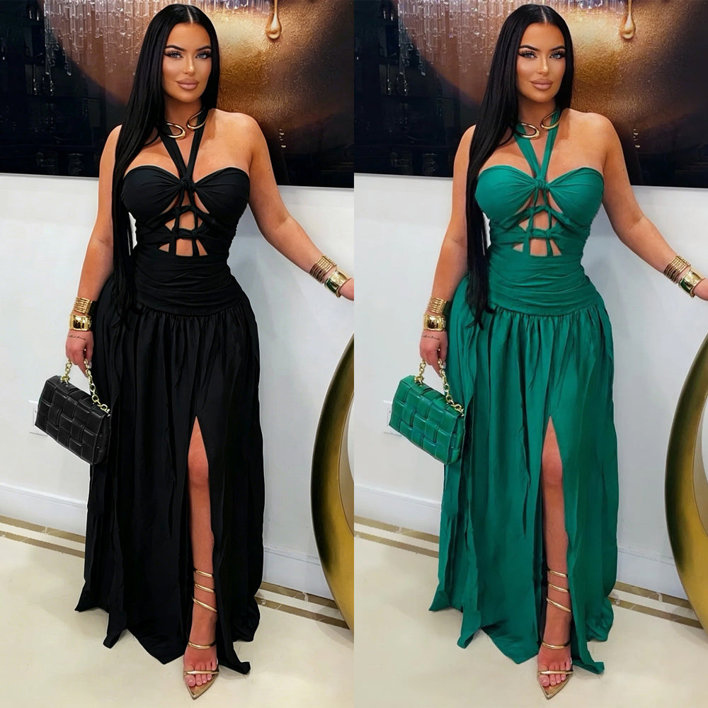 C7762 cross-border  new arrival: halter neck cutout tie-up party evening dress - satin side slit dress