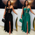 C7762 cross-border  new arrival: halter neck cutout tie-up party evening dress - satin side slit dress