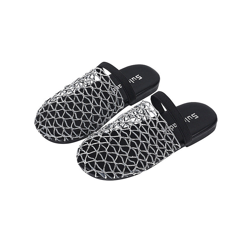 European and american niche fishnet knit cutout closed-toe mules -  summer new girls' flat outdoor sandals