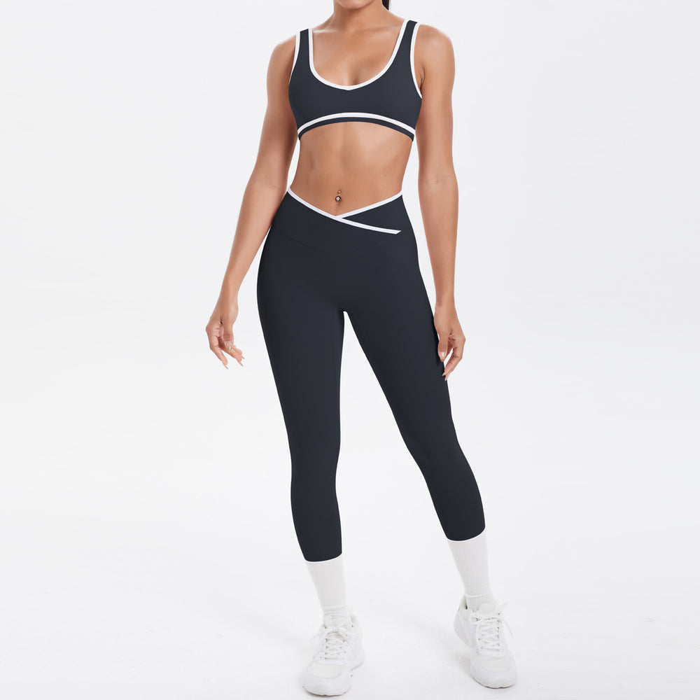 New arrival cross-border brushed contrast color tight breathable cross wide-leg yoga suit sports running fitness two-piece set