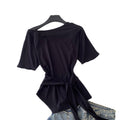 K-stylesense of design oblique shoulder tie backtight waist short-sleeved t-shirt women's new arrival waist slimming lookeleganttops