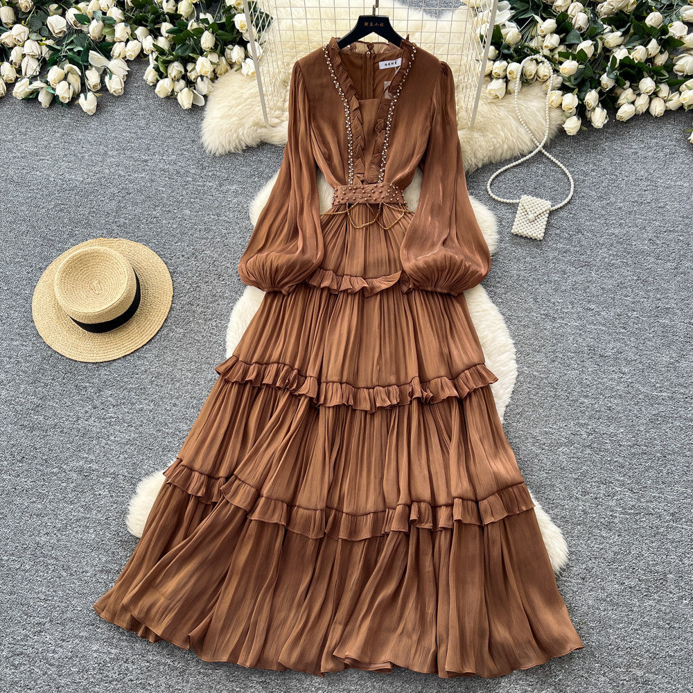 French sweet style pink lantern sleeve dress - women's spring/autumn cinched waist ruffle trim elegant cake dress - slimming