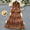 French sweet style pink lantern sleeve dress - women's spring/autumn cinched waist ruffle trim elegant cake dress - slimming
