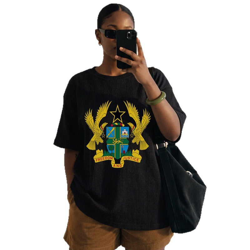 European and american cross-border african women's clothing  summer new fashion trendy round neck loose printed short sleeve t-shirt top