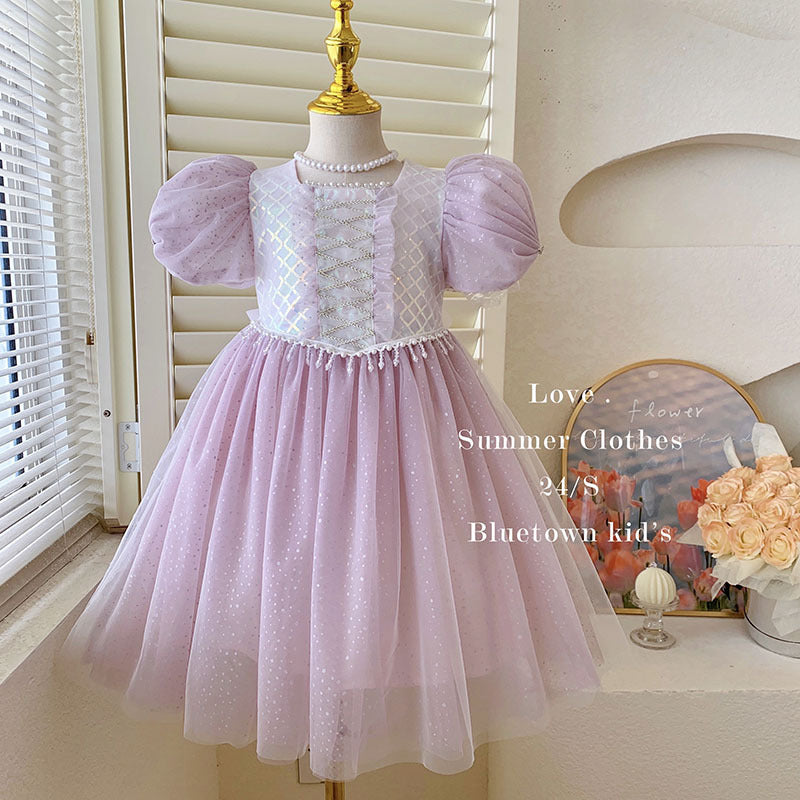 Girls' sleeveless summer dress  spring new arrival princess dress mesh off-shoulder sleeves pearl embellished skirt trendy