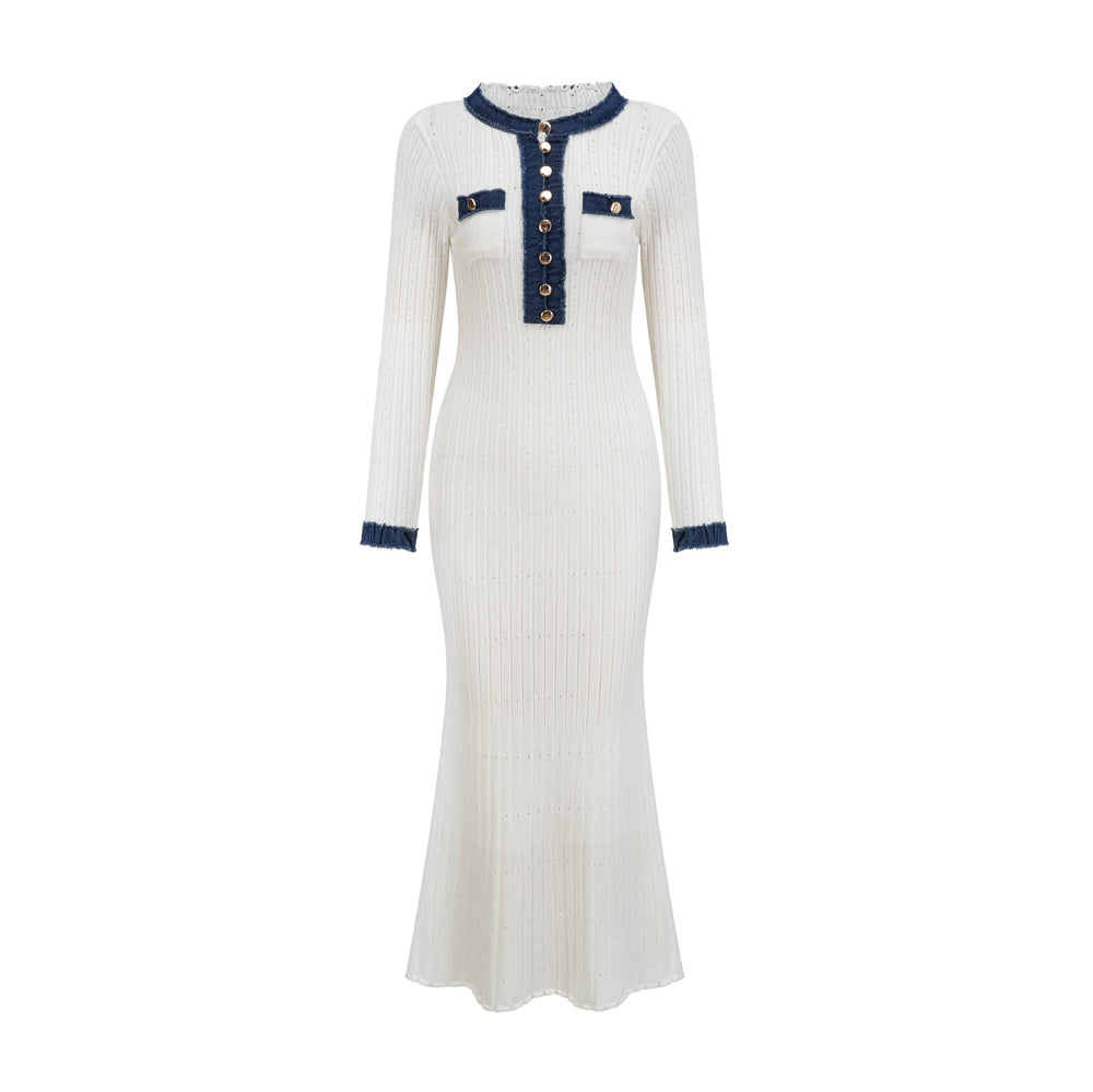 European and american autumn/winter new collection: chanel-inspired knit midi dress with long sleeves, denim paneling, and a-line sweater dress