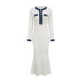 European and american autumn/winter new collection: chanel-inspired knit midi dress with long sleeves, denim paneling, and a-line sweater dress