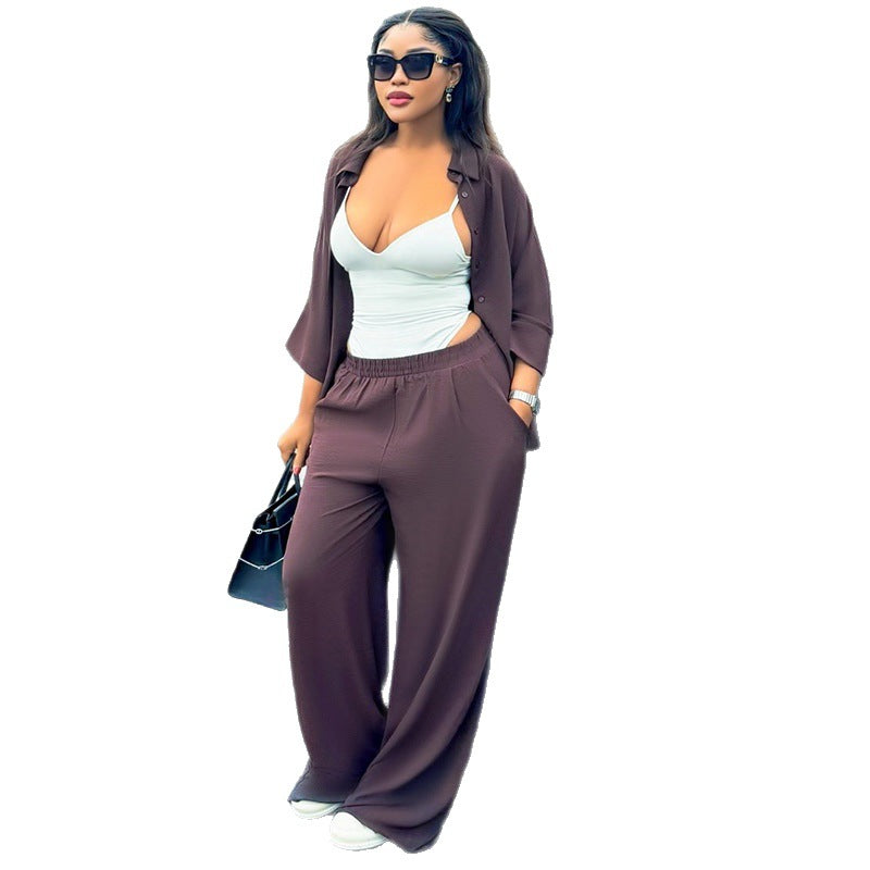 European and american cross-border women's fashion:  summer new collection - stylish turn-down collar loose-fit shirt top and wide-leg pants casual set