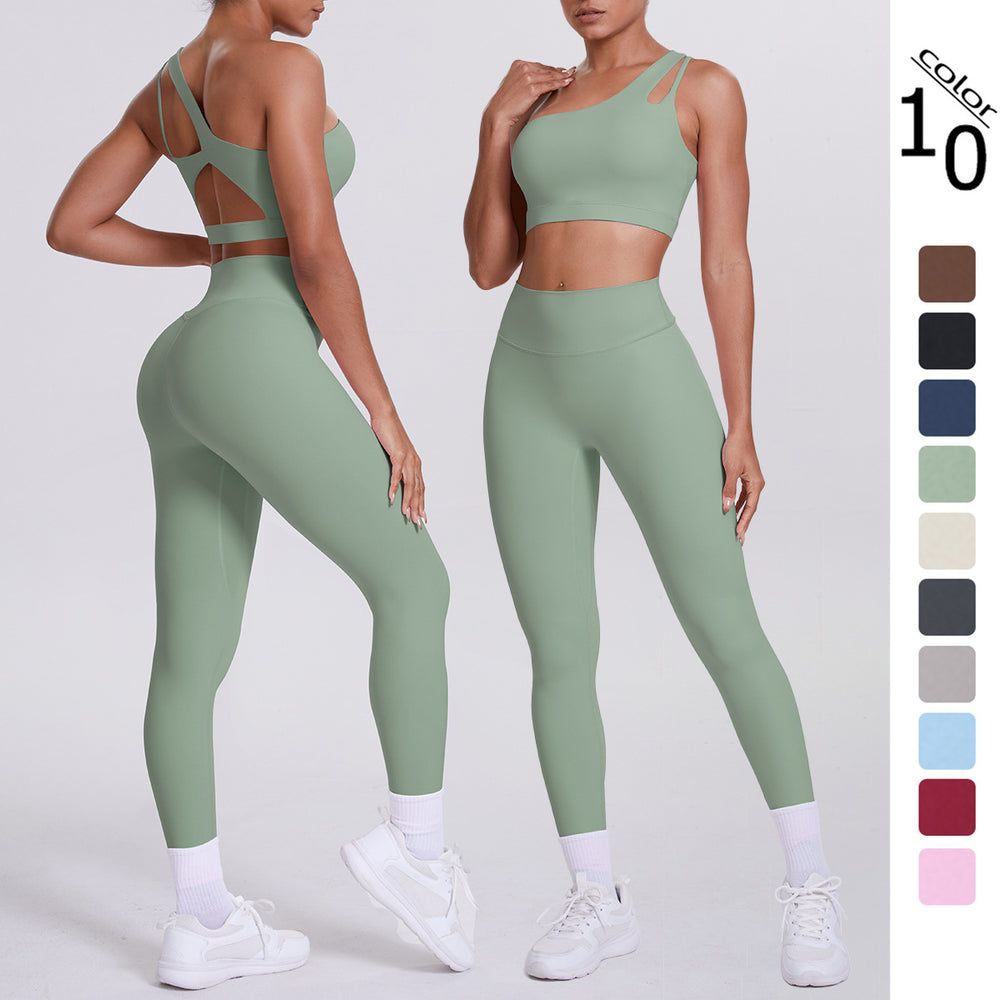 New arrival: barely-there feel, tight-fitting yoga set - one-shoulder, beautiful back sports bra with high-waisted, butt-lifting leggings - women's running & fitness outfit